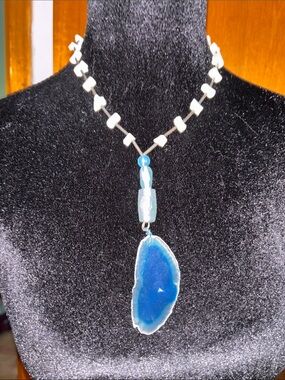 Blue Agate Slice Pendant Necklace - Women Jewelry